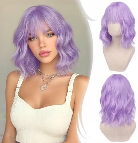 RUWISS Peluca pelo Natural Morado Claro con Flequillo, 35 cm Pelucas Mujer pelo Natural Rizado Ondulado Peluca Bob Corta Sintética para Cosplay Fiestas