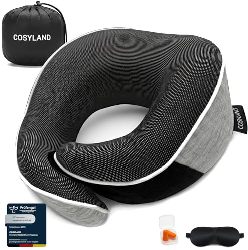 COSYLAND Cuscino da Viaggio in Memory Foam - Cuscino Aereo Ergonomico con Supporto Cervicale a 360°, Design a Schiena Piatta, Regolabile e Compatto per Dormire in Aereo, Auto, Treno - Grigio
