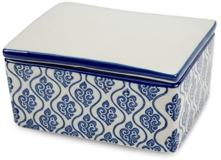 PARUSIA Butterdose Porzellan mit Deckel, Steingut Geschirr, Butterdosen in 4 verschiedenen Designs: Blüten, Ornamente, Herzen, vintage, Butterdose Keramik für Butter (Ornamente blau)