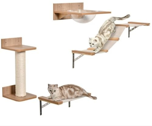 Kletterwand Katzen Set, für Katzen mit Kratzbaum, Katzentreppe & Hängematte, für den Innenbereich Wandmontage