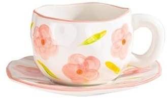 Set Tazzine Caffè,Tazzine Caffe con Piattino Tazza in ceramica dipinta a mano con nuvole di fiori, tazza da caffè piattino, irregolare fatta a , tazze tè al latte for la colazione(White Pink Flower)