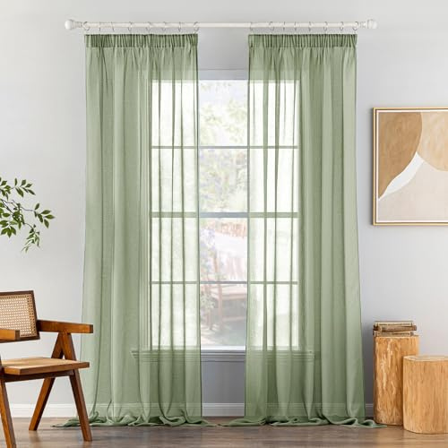 MIULEE Gardinen mit Kräuselband, Salbeigrün Transparent, 2er Set 140x225cm | Farbiger Transparenter Voile Vorhang mit Kräuselband, Ideal für Wohnzimmer, Schlafzimmer, Modernes Wohnaccessoire