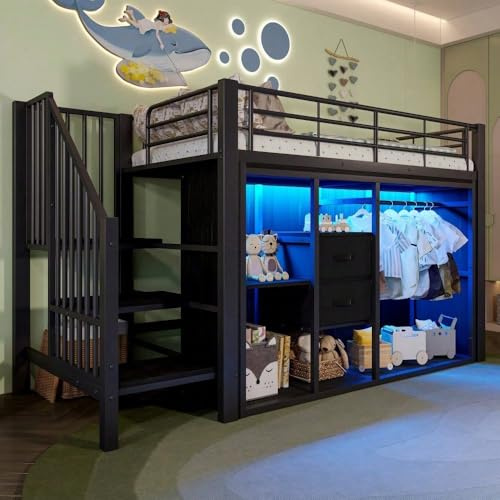 Loftsäng 90 x 200 cm i svart – med LED-belysning, 2 lådor och öppen garderob – gott om förvaringsutrymme, utan madrass