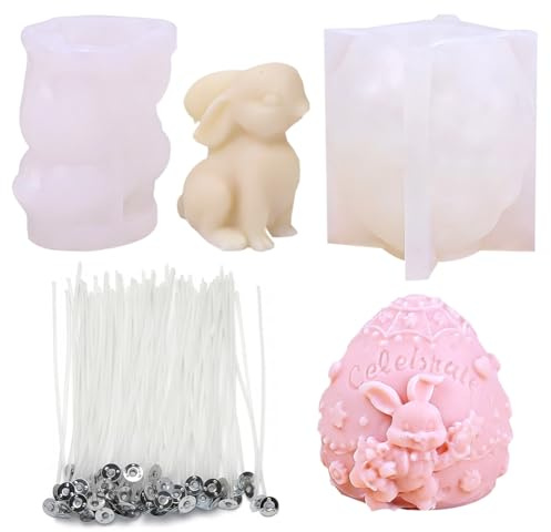 Stampi Per Candele In Silicone Pasqua 2 Pezzi e Stoppino Per Candela,Stampo In Silicone Per Candela Coniglio Pasquale, 3D Coniglietto Candela Per Candele Pasqua Aromaterapia Cioccolato