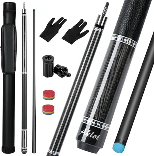 AKLOT Carbonfaser Billardqueue, 147 cm, Billardqueue 540 g, Low Deflection Profi Queue mit 12,5 mm Spitze, Ahorn-Schaft & Büffelledergriff mit Gewichtsanpassung, Pool-Queue-Set (Stellar Titanium)
