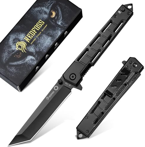 NedFoss Klappmesser 9cm 440 Stahl Tanto Einhandmesser mit Aluminium-Griff | Taschenmesser mit abnehmbarer Glasbrecher & Gürtelclip, Survival Messer für Survival, Sammlung & Geschenk
