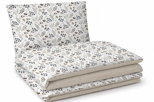 SleepeSheep Kinder Bettdecke & Kissen Set 100x75 cm – Babydecke aus Baumwolle & Waffelstoff, flaches Kopfkissen 40x50 cm, Bettdecke ohne Bezug, Oeko-Tex Standard - Zweige und Sand