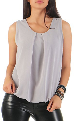 Malito – Damen Bluse ärmellos – leichte Tunika ohne Ärmel – Elegante Schlupfbluse mit Rundhals – lockeres Blusenshirt für Frauen Leo Print und Uni 6879 - (Hellgrau)