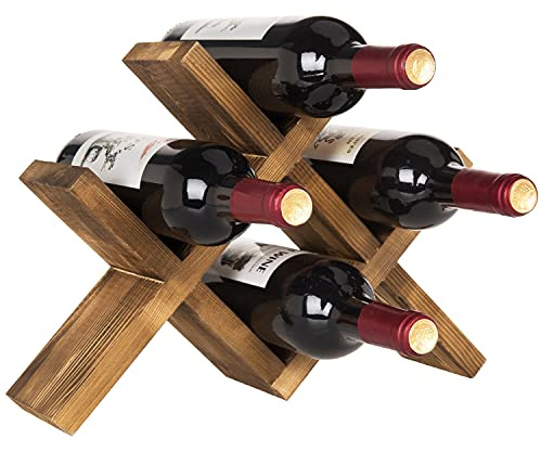 MyGift 4-Bottle Rustic Brown Wood Wine Rack for Countertop - Brushed Country Rustic Style, Compact Storage for Kitchen, Bar, Dining Room (Holds 750ml Bottles)