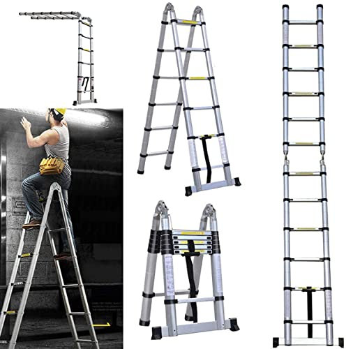 Échelle télescopique 3,8 m - Antidérapante - avec Barre de Support antidérapante - Échelle Multifonction en Aluminium - Charge maximale : 150 kg - Échelle en Aluminium - 3,8 m - 1,9 m et 1,9 m