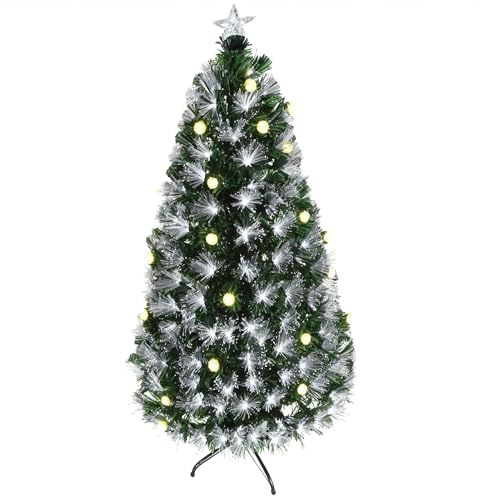 HOMCOM Albero di Natale Artificiale 120cm con Luci Incorporate e 130 Rami, Albero di Natale con Luci a LED e Fibre Ottiche, Base Pieghevole Rimovibile