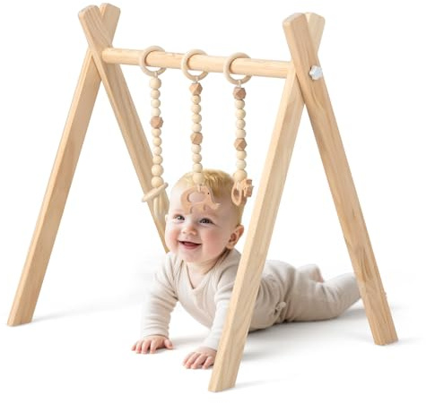 COSTWAY Baby Spielbogen Holz, Spieltrapez klappbar, Baby Gym mit 3 abnehmbaren Kinderspielzeugen, Spieltrapez für Babys über 3 Monate, Holzspielzeug zur Gehirnentwicklung (Natur)