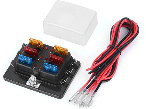 DC 12~32V Flachsicherungskasten Halter Sicherungsblock mit LED-Warnlicht-Schutzabdeckung für Automobil-Auto-Boot-Marine-Trike mit ausführlicher Bedienungsanleitung (6-Fach+Sicherung+Kabel)