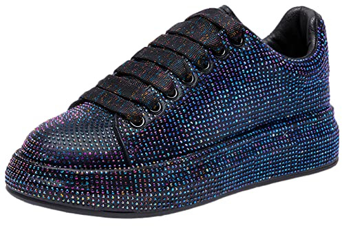 ANUFER Damer mode tjock sula sneakers gnistrande gradientfärger strass snören tvångsfria sportskor, marinblå, 41 EU