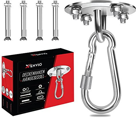 XENVIO Deckenhaken Hängesessel bis 400kg Tragkraft Robuste Deckenhalterung Edelstahl Aufhängung zum Aufhängen Boxsackhalter, Hängemattenbefestigung, Schaukelhaken - Indoor & Outdoor Silber