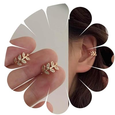 Cimenexe Bohemian Paved Leaf Cuff Earrings C Shape Leaf Ear Cartilage Clip on Wrap Hoop Earrings Gold Crystal Ear cuffs Minimal Clip Wrap Earrings No Piercing Earring Jewelry for Women and Girls