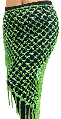 BANGHA Bauchtanz HüFttuch,Bauchtanz KostüM Damen 12 Farben Bauchtanz Praxis Kleidung Zubehör Stretchy Lange Quaste Dreieck Gürtel Hand Häkeln Bauchtanz Hüfte Schal Pailletten (Color : Green)