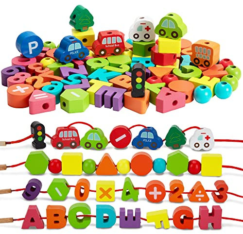 Holzperlen Fädelspiel Pädagogisches Holzspielzeug Lernspielzeug, Montessori Spielzeug ab Kleinkinder 2 3 4 5 Jahren, 75 Stück Autos Buchstaben Zahlen Formen Tier Perlen zum Auffädeln