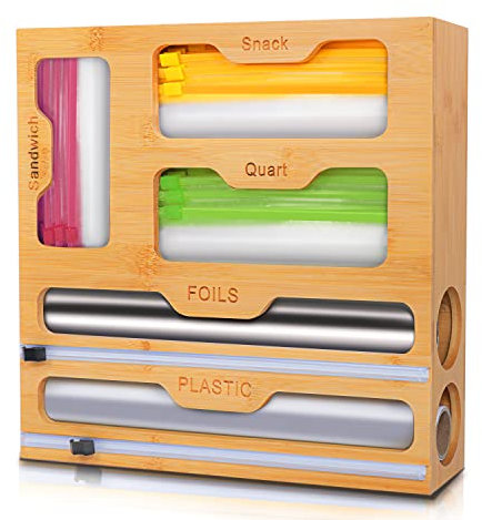 QPIX DIGITAL 5-in-1 Bamboo Ziplock Bag Organiser for Drawer, Compatible with Gallon Quart Snack and Sandwich Bag, Natural Eco Bamboo, Brown