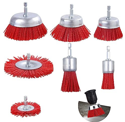 7 Stück Nylonbürste Set mit 1/4 Schaft Nylon Filament Scheibenbürste Topfbürste Pinselbürste Set 7 GrößEn Schleifaufsatz für Bohrmaschine perfekt zum Entfernen von Rost/Korrosion/Farbe