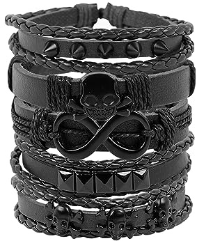 MILAKOO 5 Stück Herren Lederarmband Punk Goth Kunstleder Nieten Unendlichkeit Armbänder Schwarz Männer Geflochtens Armband