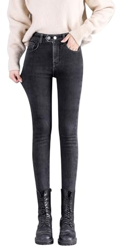 Fleecefodrade jeans med hög midja, vintervarma stretchiga jeggings mjuka smala denimbyxor, Grå 1, 40 SE