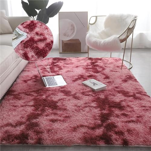 Tapis Shaggy à Poils Longs 200 x 240 cm Terrasse Tapis Cuisine, Panorama Tapis Carreaux Ciments Long Lavable Divers Couleurs pour Salon Chambre Tapis de Plancher, Rouge