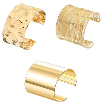 Salircon 3PCS Chunky Gold Cuff Bracelets for Women Gold Statement Bangle Bracelets Set Arm Cuff Upper Arm Punk Jewelry (Gold, 8)