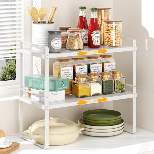devesanter Erweiterbares Küchenregal Organizer,2 Stück Stapelbar Küchenregal Arbeitsplatte Organizer, Gewürzhalter,Regaleinsatz für küchenschrank für Küche,Bad,Tischplatte,Sideboard（Weiß）