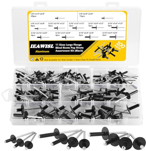 IEAWISL Pop Rivets, 100 PCS Aluminum Large Flange Rivets Assortment, 11 Sizes Rivets for Metal, DIY, Sheet Mounting, Plastic, 1/8 5/32 3/16（Black）