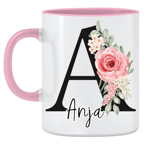 Tasse mit Namen - personalisierte Kaffeetasse mit Blumen Design und Wunschname personalisiertes Geschenk für Frauen Männer Kollegen Freunde Geburtstag Weihnachten 325 ml Keramik Rosa