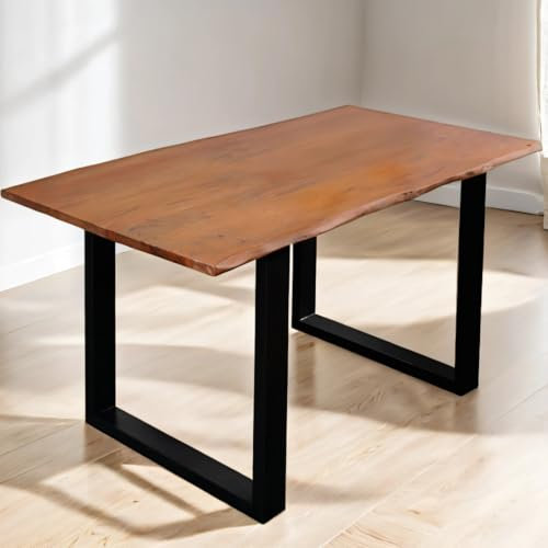 trelevo Esszimmertisch 140x80 cm, Akazienholz massiv 26mm, Tischplatte nussbaumfarben, echte Baumkante, U-Gestell schwarz, Baumkantentisch