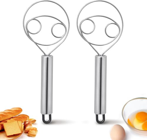 Minicoco Danish Dough Whisk 2 Pieces Stainless Steel Whisk Thicker Wire Diameter Non Stick Bread Making Accessories for Dough Whisk for Bread Cake Pizza (22.6 * 8.3cm)