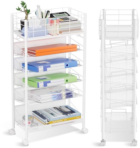 6 Tier Metal Mesh File Trolley with Lockable Wheels, Slim Rolling File Cart Desk Side Organiser, Mobile Book Storage Cart for Home Office Dorm School Classroom Teacher Library White
