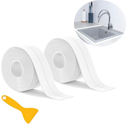 Self-Adhesive Waterproof Sealant Tape for Kitchen, Bathroom & More, 2 Rolls | White 11FT, Mold-Proof & Waterproof, Easy Install, Flexible for Corners, Caulk Strip for Bathtub, Sink, Toilet & Wall Corners