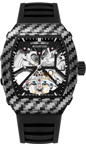 MUSANFIGO Hollowed Out Men's Fully Automatic Mechanical Watch, Wine Barrel Shaped Silicone Tape, Fashionable Men's Night Light Waterproof Trend Watch 6021A