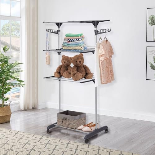 HUOLE Étendoir à Linge pour Sécher Les Vêtements avec Roues et Ailes pour Intérieur Extérieur Pliable à 3 Niveaux, Cintre à roulettes Réglable en Acier Inoxydable -72 * 56 * 152cm (Gris)