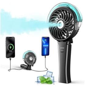 WITHOUSE 6000mAh Portable Handheld Misting Fan as Backup Power, 50ml XL Water Tank, 20H Runtime 3 Speeds, 180° Foldable Rechargeable Mist Fan for Travel, Outdoors, Makeup - Black
