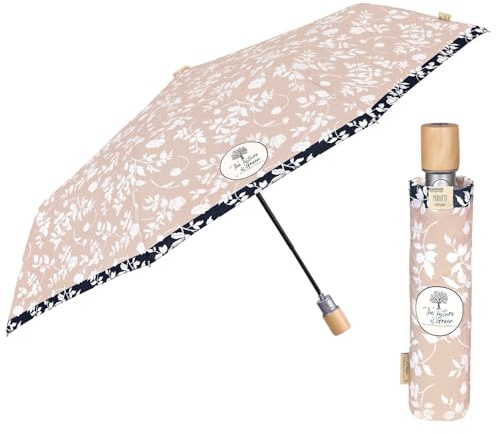 PERLETTI GREEN Damen Taschenschirm Ökologisch Automatik - Kompakt Klein Schirm Natürlich Öko Eco Friendly - Umwelfreundlicher Regenschirm Sturmfest Mini aus Holz - Durchm 96 cm