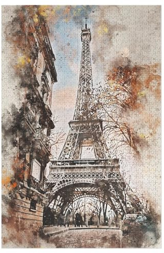 Paris in Aquarell Puzzle 1000 Teile, Holzpuzzle Für Erwachsene Kinder, Impossible Puzzles, Geschicklichkeitsspiel Für Die Ganze Familie 78×53cm
