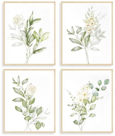 Dazzlewall 4Pcs Botanical Watercolor Flower Art Prints, Sage Green Plants Wall Art Decor, Minimalist Leaves Picture for Bedroom Bathroom Decor 8x10 in Unframed