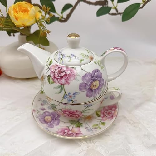 AHKALVTE Porcelain Tea for One Set Beautiful Flower Ceramic Teapot with Cup Gifted Box (Peony)