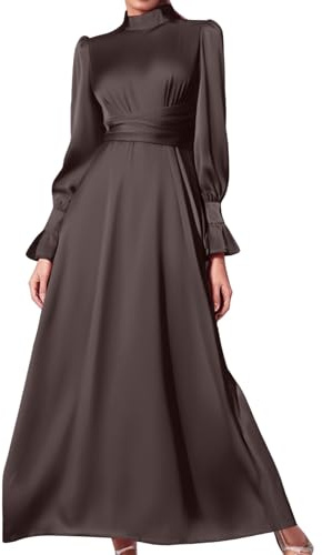 Vhersily Langes Herbstkleid 2024 mit langen Ballonärmeln, schmaler Taille und minimalistischem Design für Feenlook - Elegante Kleider für Damen Zeremonie Herbst Gürtel aus monochromem Stoff