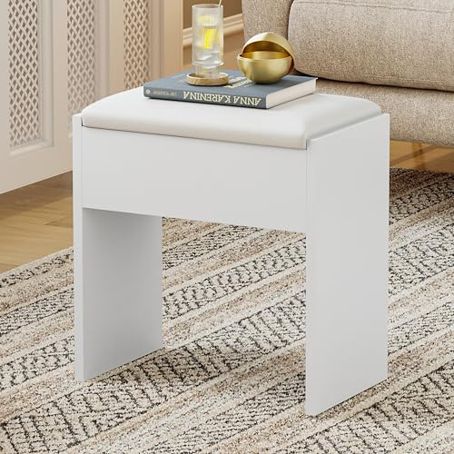 Luxstein Schminktisch Hocker, Make up Hocker aus Holz, Gepolsterte Sitzbank, Schminkhocker für Ankleidezimmer, Schlafzimmer, Flur Wohnzimmer, 40x23.5x43cm, Weiß