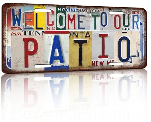 Vintage License Plate Wall Decor welcome to our patio Tin Sign for Home Office Garage Bar Restaurant Living Room Garden Yard 12 x 6 Inches (25108)