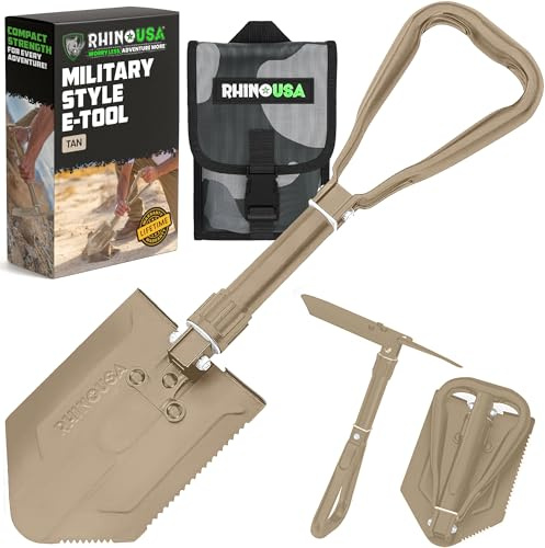 RHINO USA Folding Survival Shovel w/Pick - Heavy Duty Carbon Steel Military Style Entrenching Tool for Off Road, Camping, Gardening, Beach, Digging Dirt, Sand, Mud & Snow - Tan
