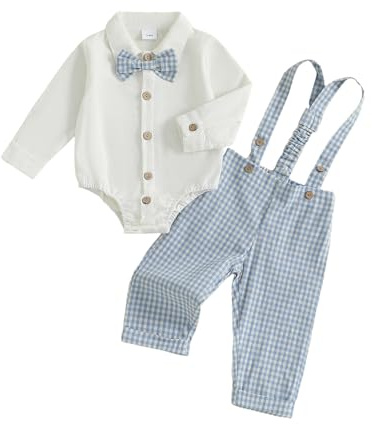 MAHUAOYIXI Toddler Baby Boy Gentleman Outfits Long Sleeve Romper Bodysuit Button up Lapel Shirts Top with Bow Tie and Plaid Suspender Pants Sets 3Pcs Formal Clothes for Little Boys (Blue, 0-3 Months)