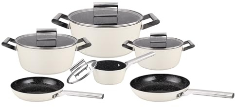 Lot Batterie de Cuisine Induction 10 Pièces Beige Fonte d'Aluminium