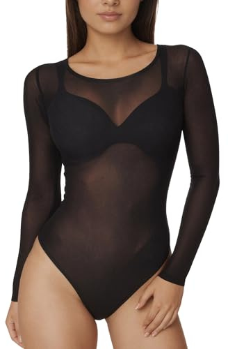 UDILEO Body Donna Manica Lunga Trasparente Velato Girocollo Top Aderente Elasticizzato Sottogiacca Elegantezzato sottogiacca elegante (NERO, S/M)