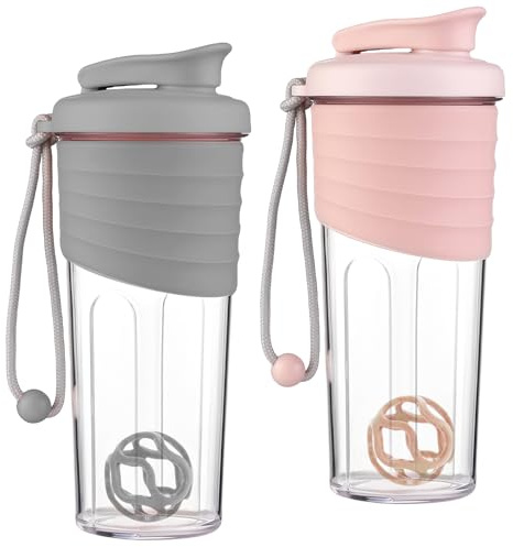 2 Stück 700ml Protein Shaker, Eiweiß Shaker mit Rührball Eiweiss Shaker, Shake Becher für Cremige Whey Proteinpulver Shakes, BPA Frei, Auslaufsicher Langlebiger für Damen und Herren (Rosa, Grau)